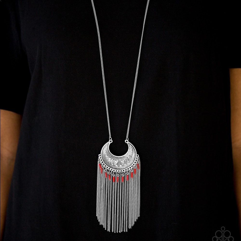 Silver & Orange Long Necklace & Earring Set
